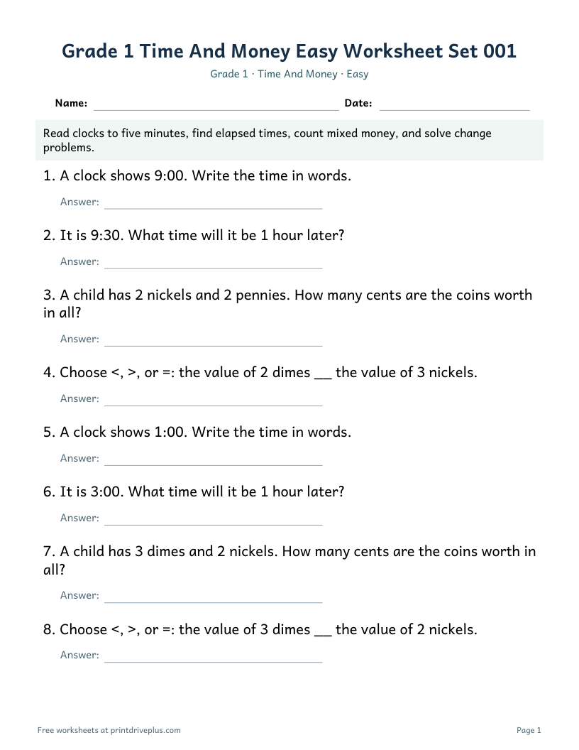 Preview of Grade 1 Time And Money Easy Worksheet Set 001