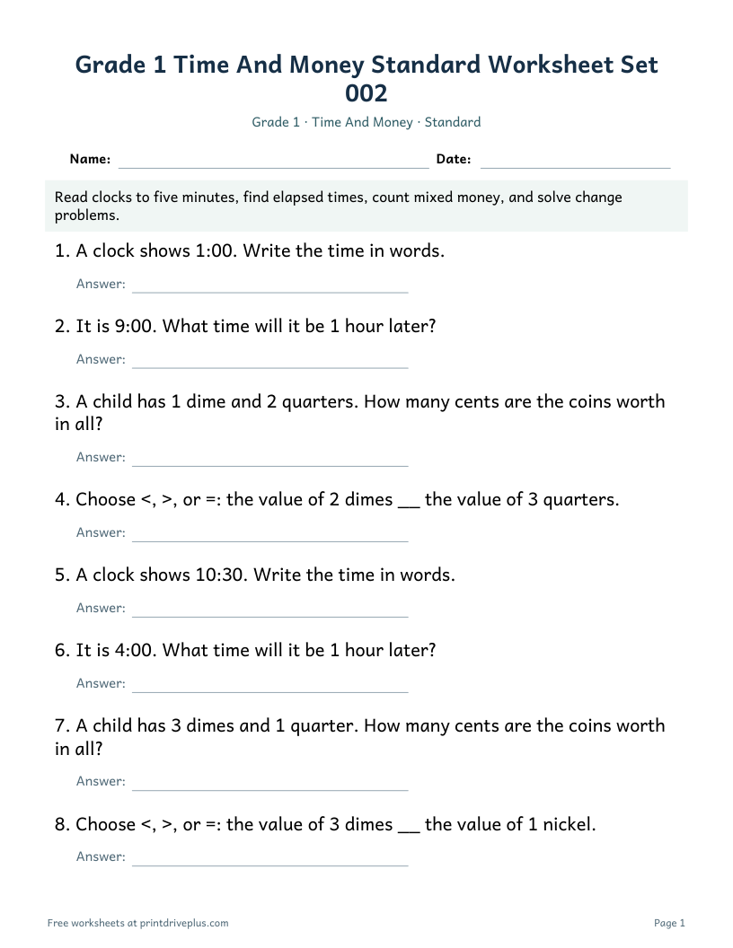 Preview of Grade 1 Time And Money Standard Worksheet Set 002