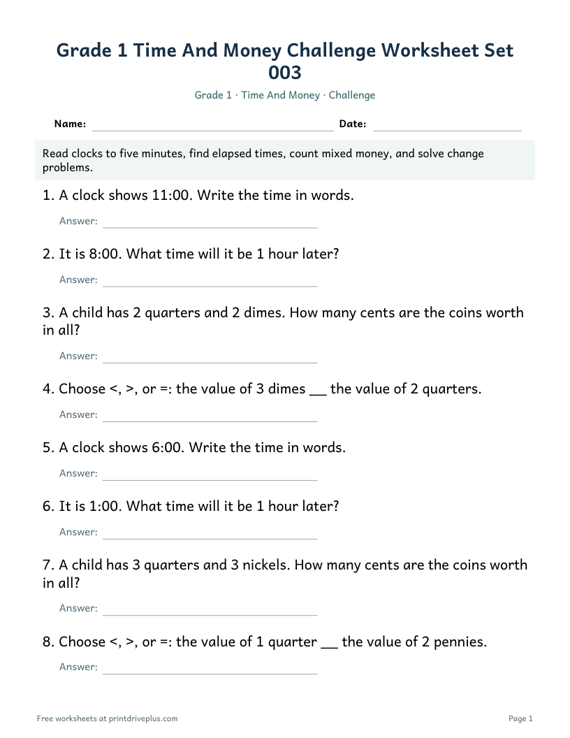 Preview of Grade 1 Time And Money Challenge Worksheet Set 003