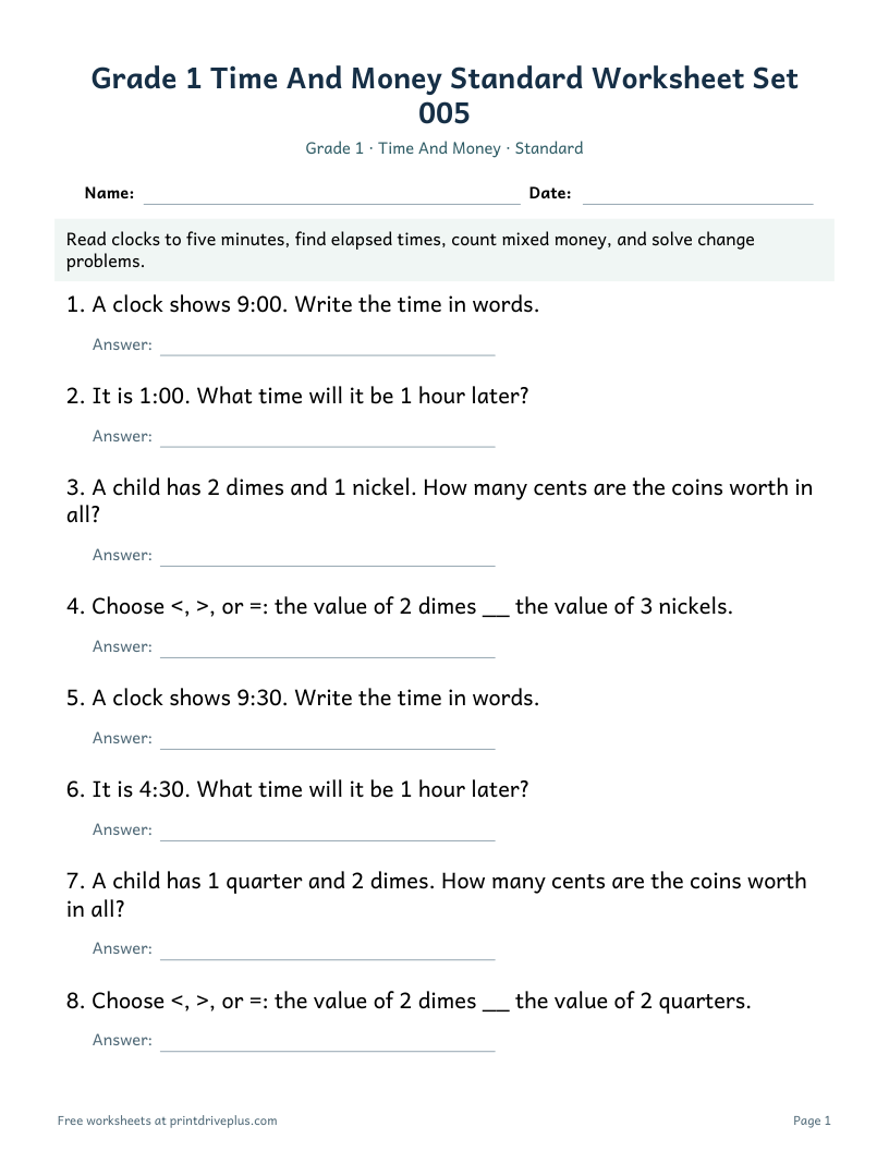 Preview of Grade 1 Time And Money Standard Worksheet Set 005