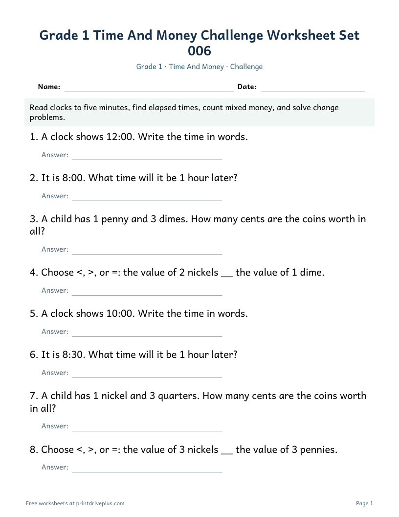 Preview of Grade 1 Time And Money Challenge Worksheet Set 006
