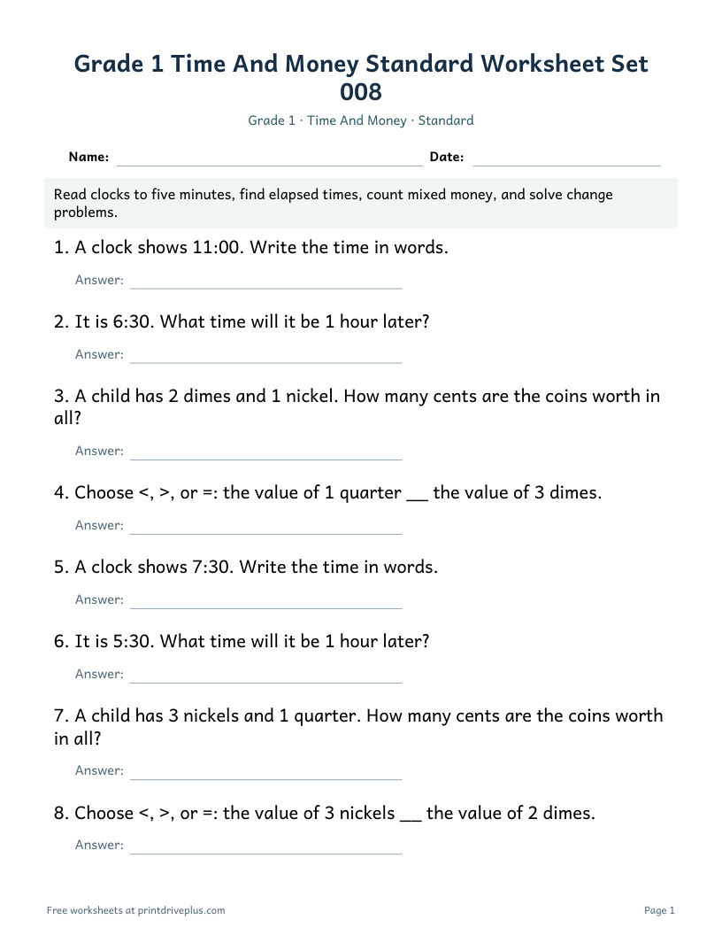 Preview of Grade 1 Time And Money Standard Worksheet Set 008
