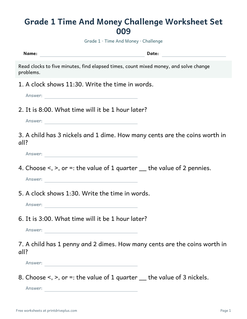 Preview of Grade 1 Time And Money Challenge Worksheet Set 009