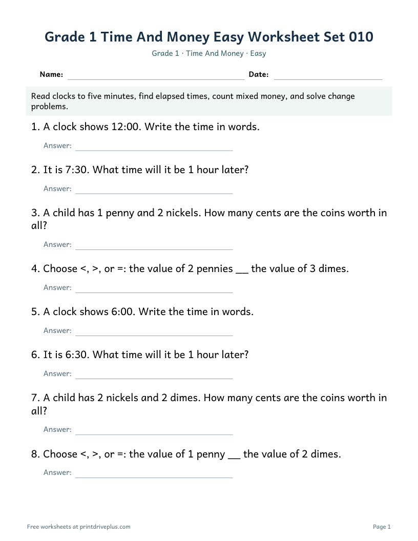 Preview of Grade 1 Time And Money Easy Worksheet Set 010
