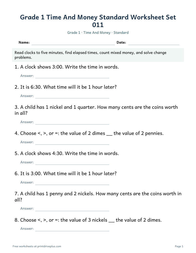 Preview of Grade 1 Time And Money Standard Worksheet Set 011