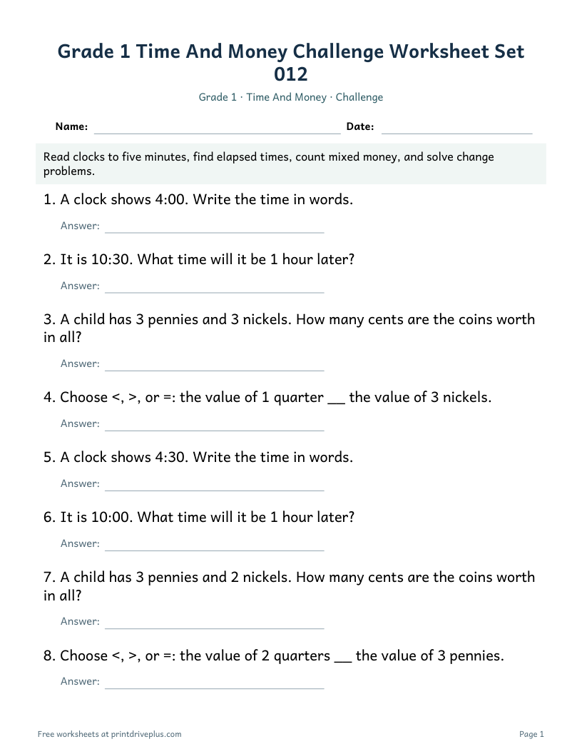 Preview of Grade 1 Time And Money Challenge Worksheet Set 012