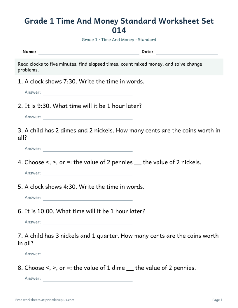Preview of Grade 1 Time And Money Standard Worksheet Set 014