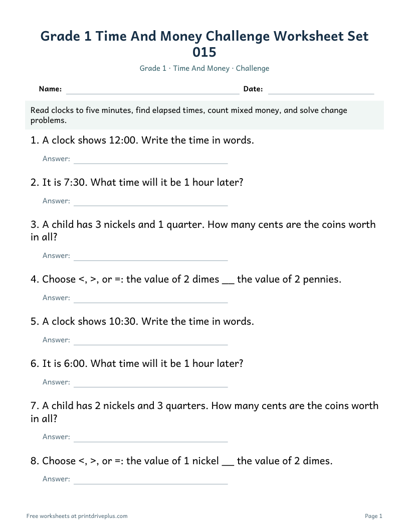 Preview of Grade 1 Time And Money Challenge Worksheet Set 015