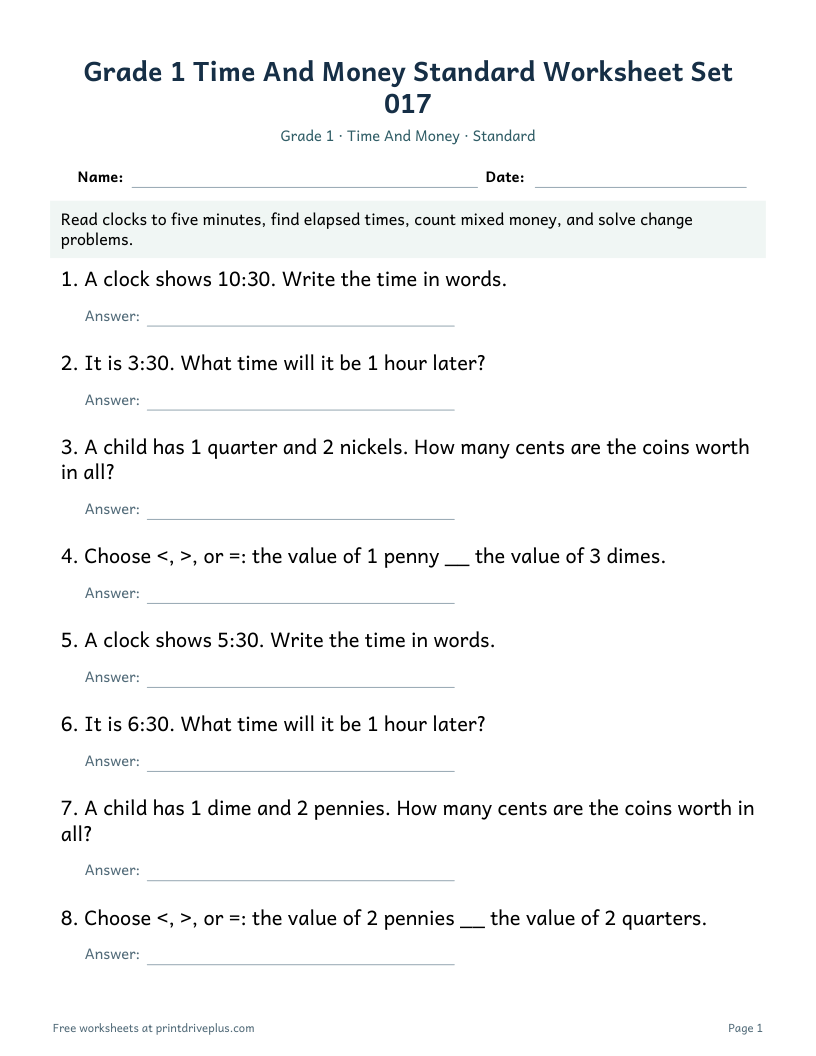 Preview of Grade 1 Time And Money Standard Worksheet Set 017