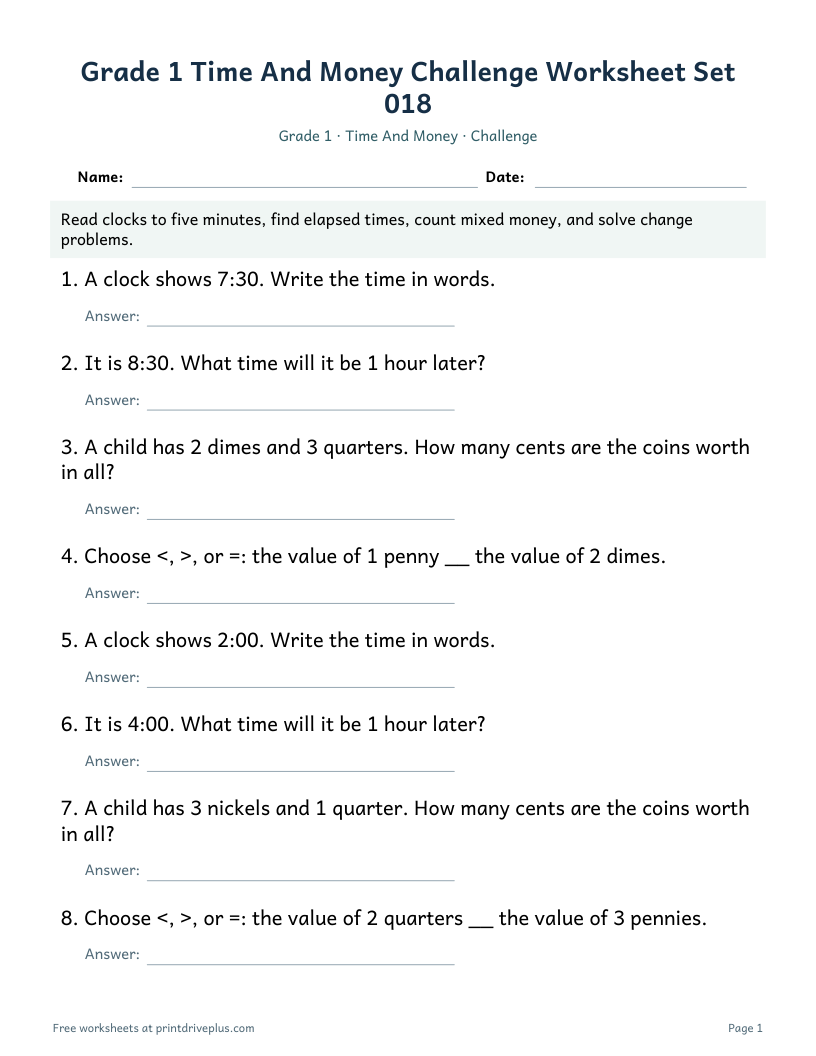 Preview of Grade 1 Time And Money Challenge Worksheet Set 018
