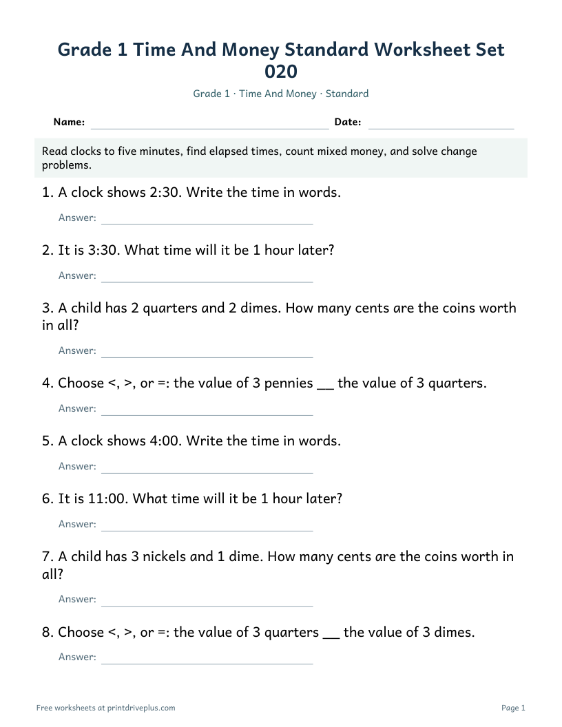 Preview of Grade 1 Time And Money Standard Worksheet Set 020
