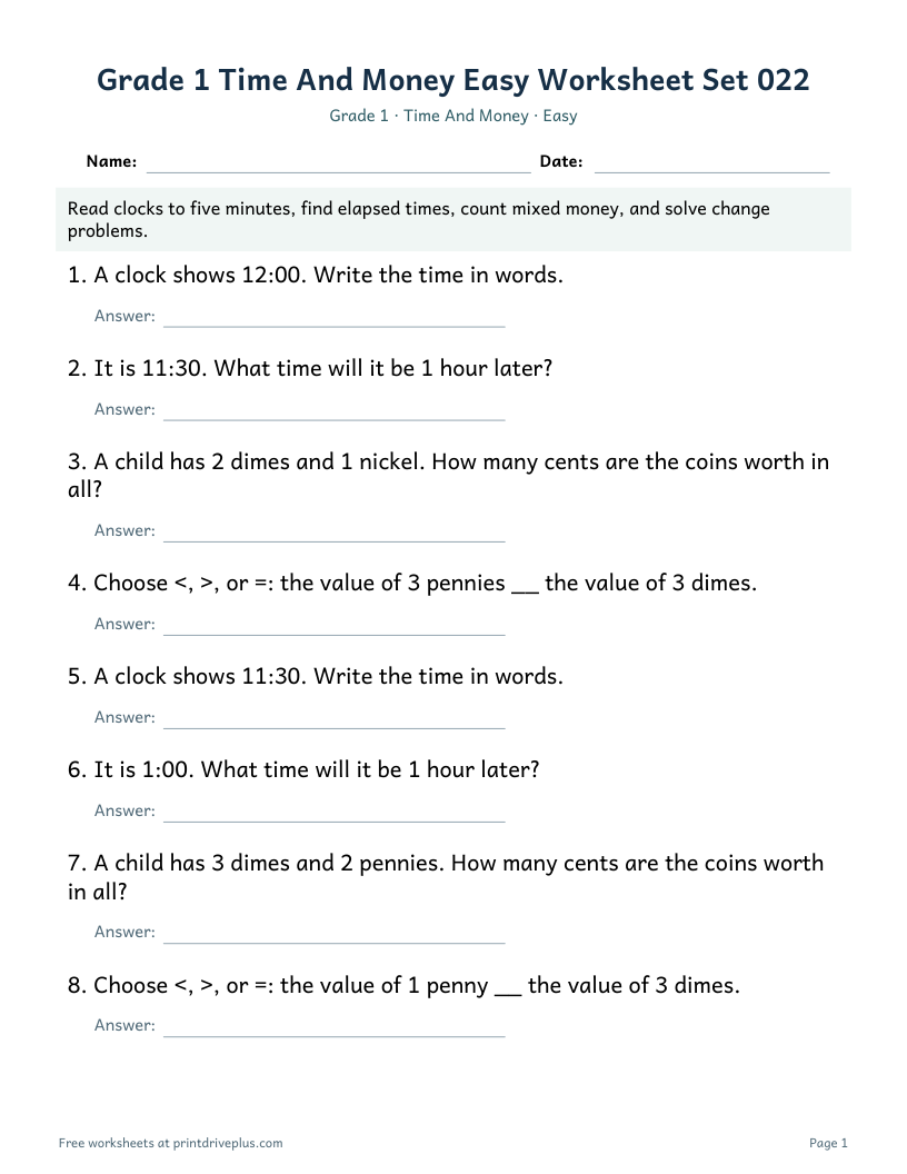 Preview of Grade 1 Time And Money Easy Worksheet Set 022