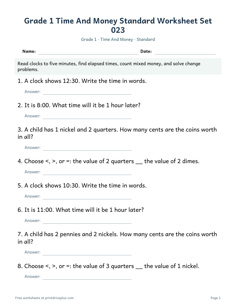 Preview of Grade 1 Time And Money Standard Worksheet Set 023
