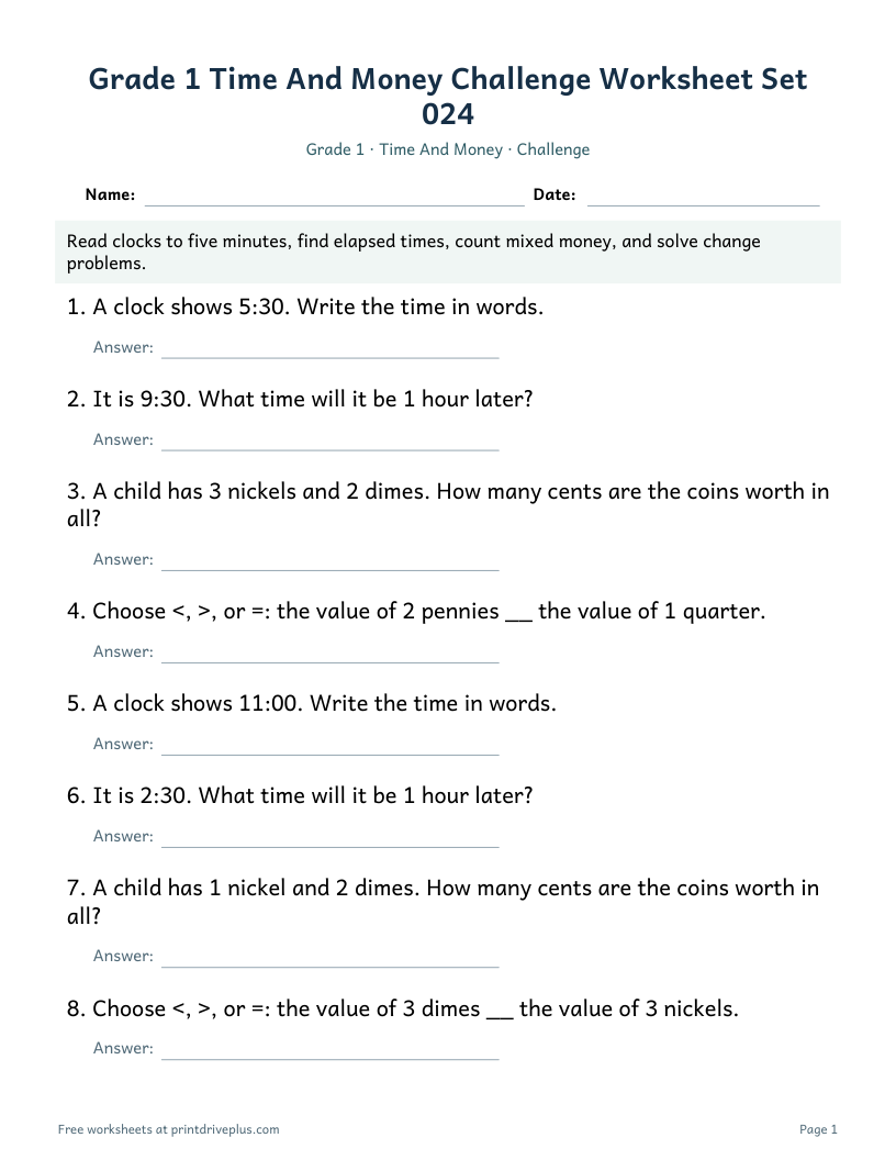 Preview of Grade 1 Time And Money Challenge Worksheet Set 024