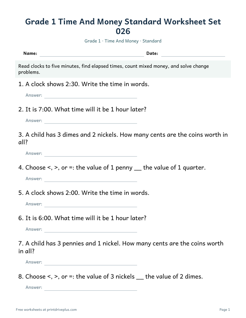 Preview of Grade 1 Time And Money Standard Worksheet Set 026