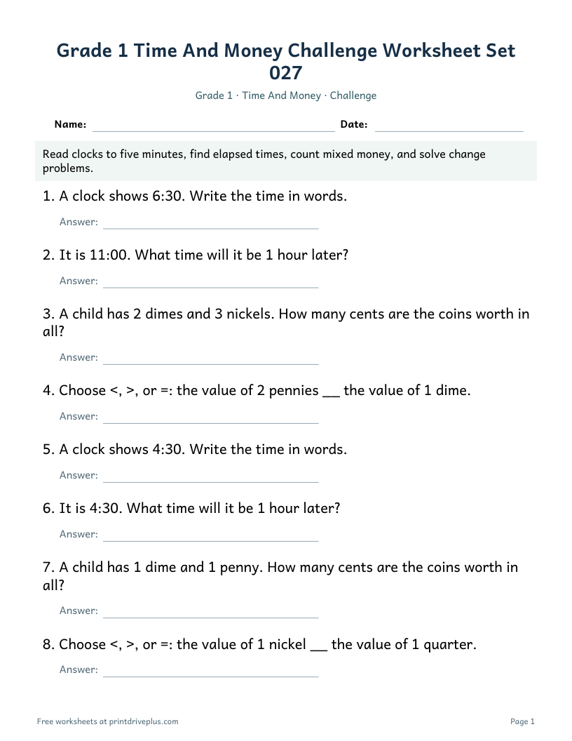 Preview of Grade 1 Time And Money Challenge Worksheet Set 027