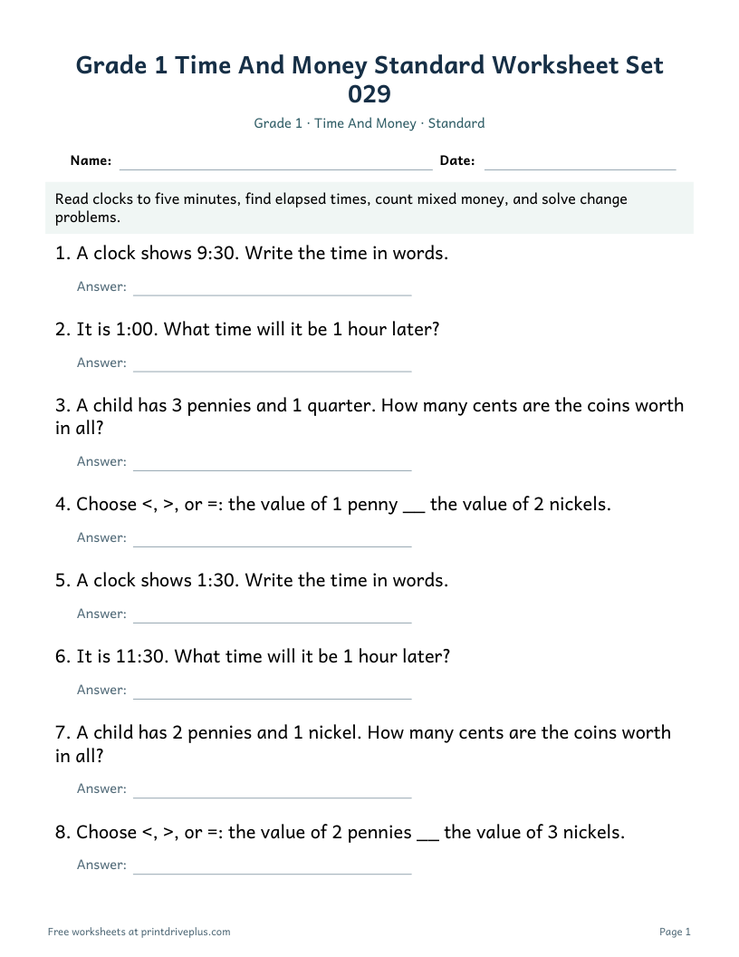 Preview of Grade 1 Time And Money Standard Worksheet Set 029