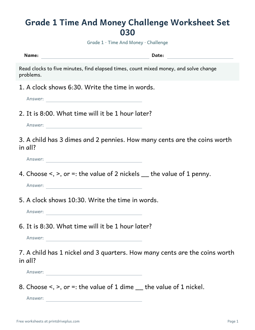 Preview of Grade 1 Time And Money Challenge Worksheet Set 030