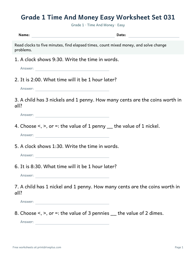 Preview of Grade 1 Time And Money Easy Worksheet Set 031