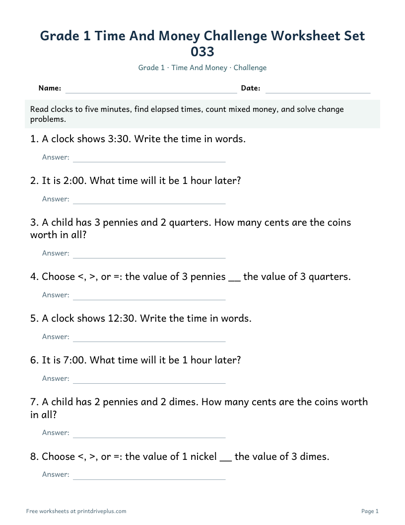 Preview of Grade 1 Time And Money Challenge Worksheet Set 033