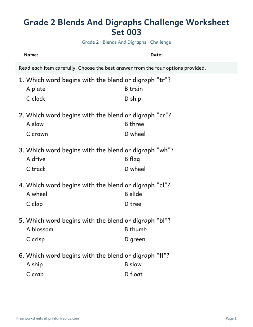 Preview of Grade 2 Blends And Digraphs Challenge Worksheet Set 003