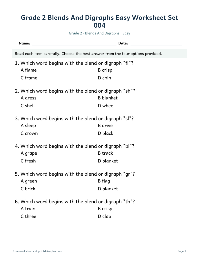 Preview of Grade 2 Blends And Digraphs Easy Worksheet Set 004