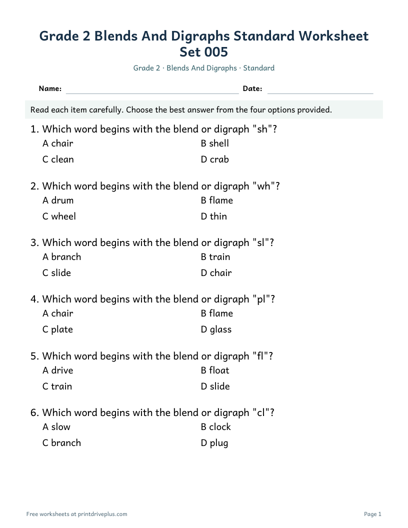 Preview of Grade 2 Blends And Digraphs Standard Worksheet Set 005