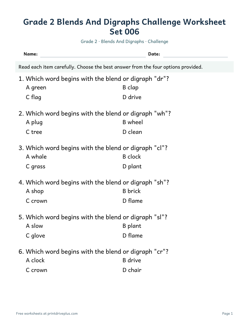 Preview of Grade 2 Blends And Digraphs Challenge Worksheet Set 006