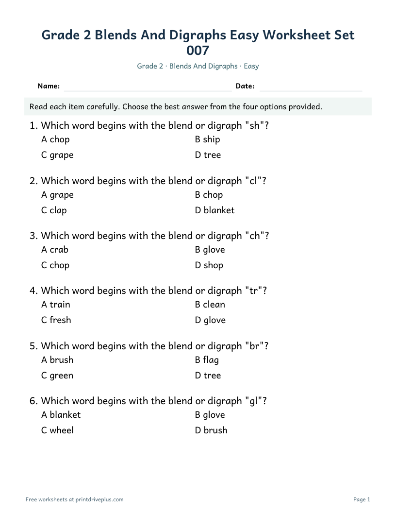 Preview of Grade 2 Blends And Digraphs Easy Worksheet Set 007