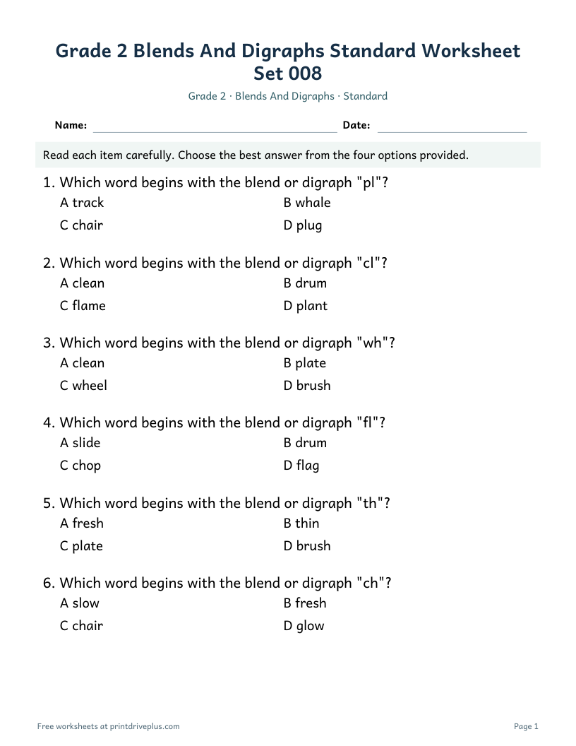 Preview of Grade 2 Blends And Digraphs Standard Worksheet Set 008