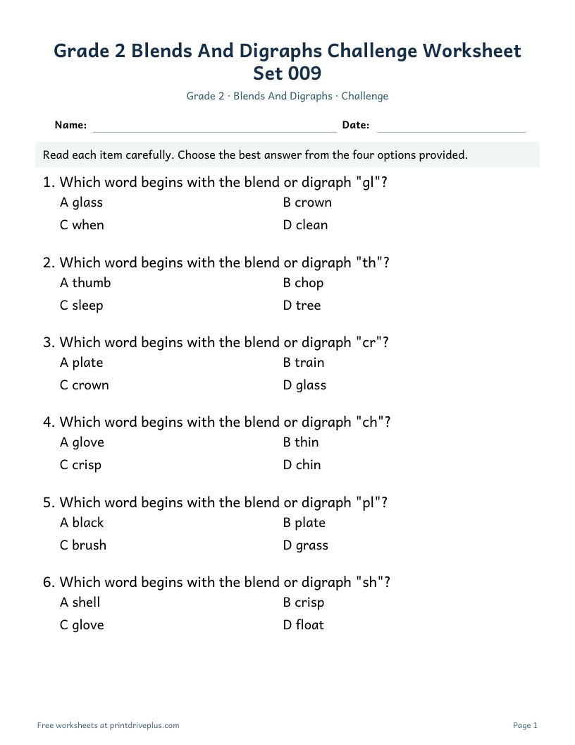 Preview of Grade 2 Blends And Digraphs Challenge Worksheet Set 009