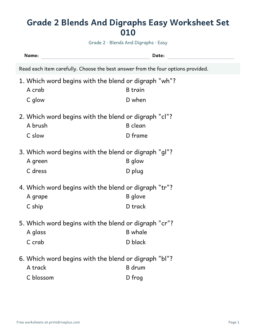 Preview of Grade 2 Blends And Digraphs Easy Worksheet Set 010