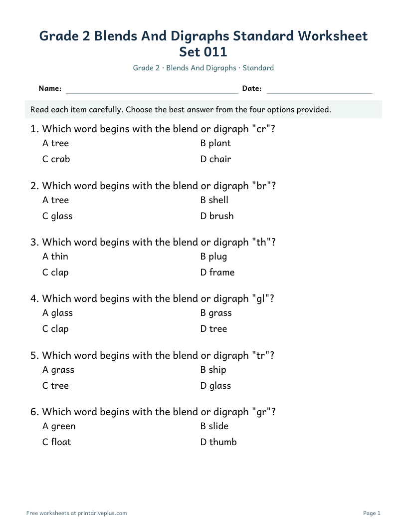 Preview of Grade 2 Blends And Digraphs Standard Worksheet Set 011