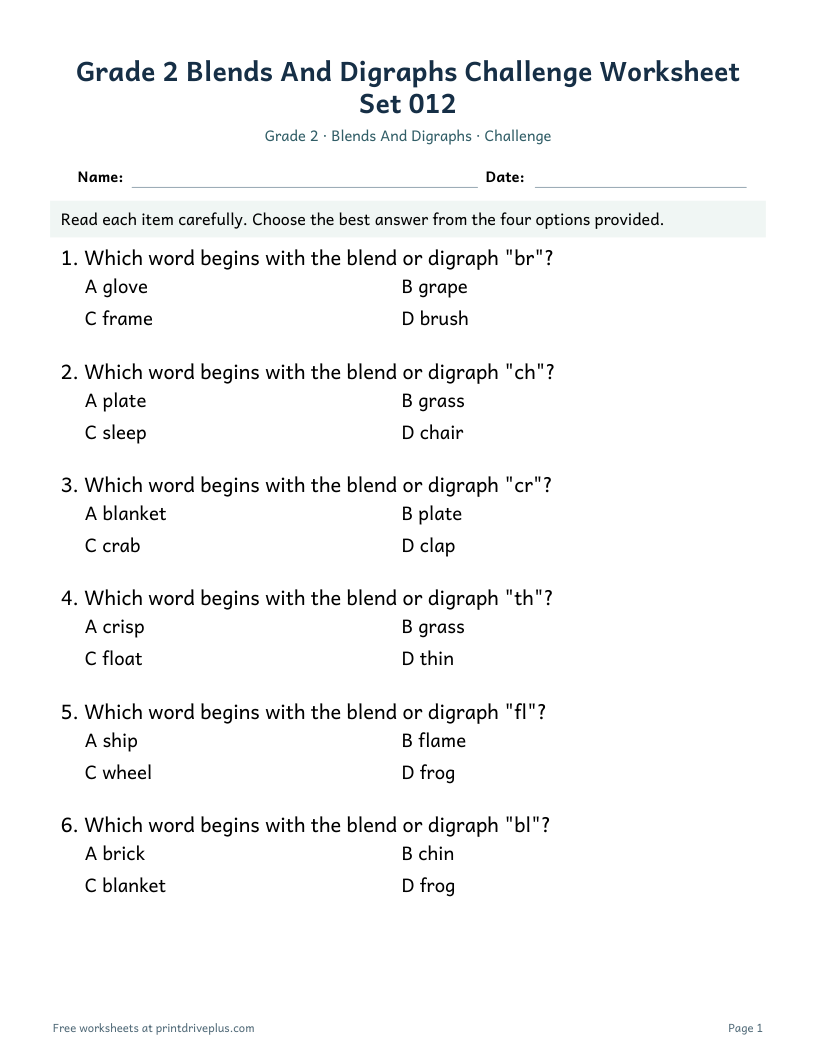 Preview of Grade 2 Blends And Digraphs Challenge Worksheet Set 012