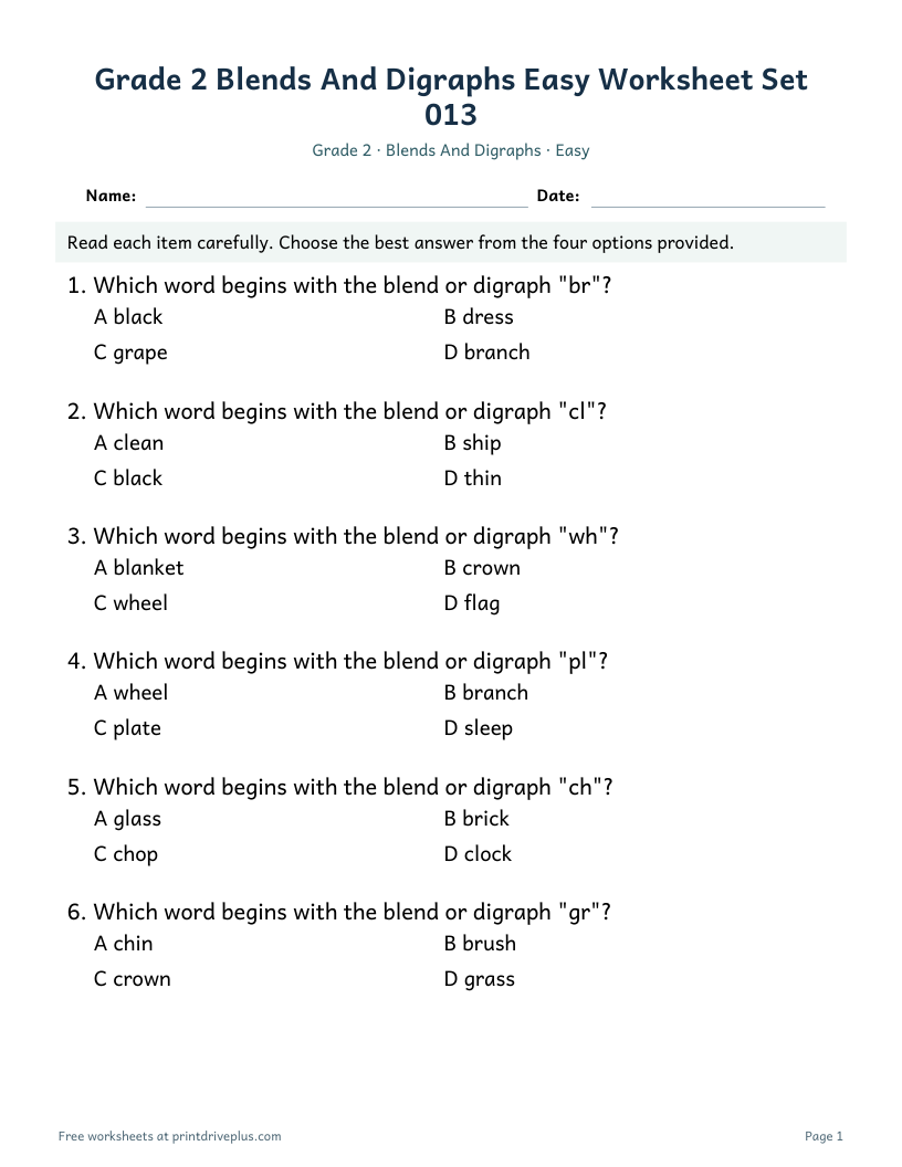 Preview of Grade 2 Blends And Digraphs Easy Worksheet Set 013