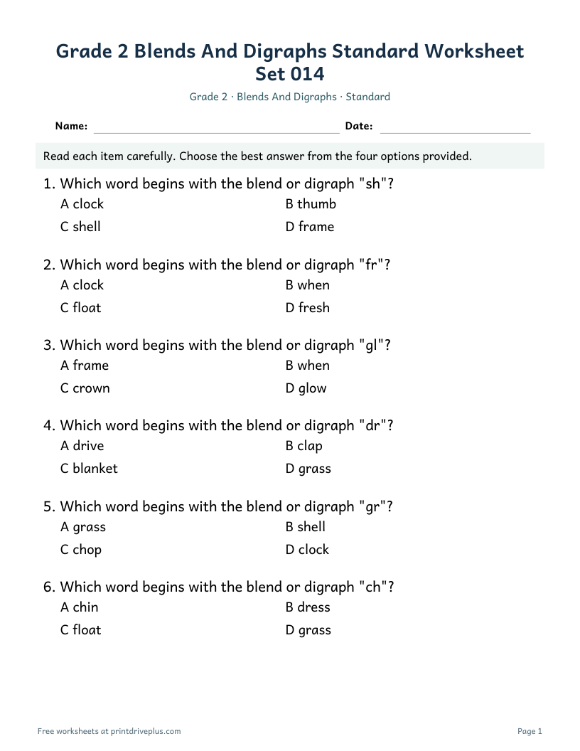 Preview of Grade 2 Blends And Digraphs Standard Worksheet Set 014
