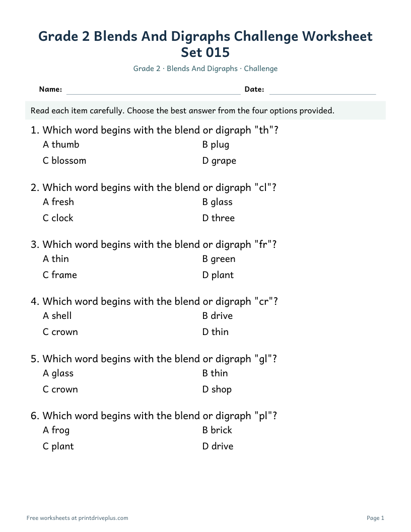 Preview of Grade 2 Blends And Digraphs Challenge Worksheet Set 015
