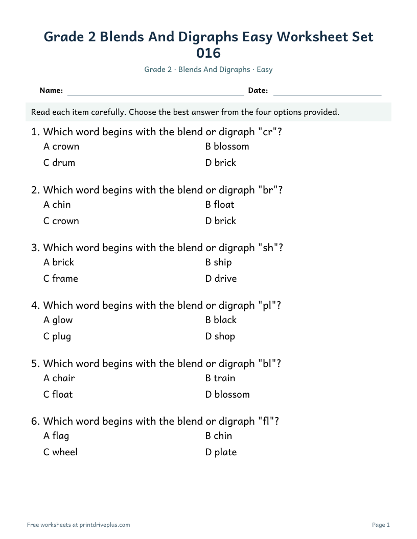 Preview of Grade 2 Blends And Digraphs Easy Worksheet Set 016
