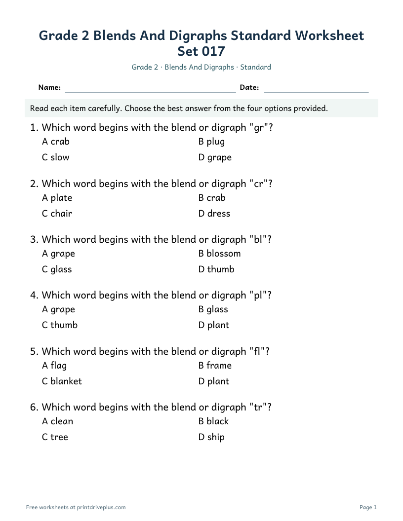 Preview of Grade 2 Blends And Digraphs Standard Worksheet Set 017