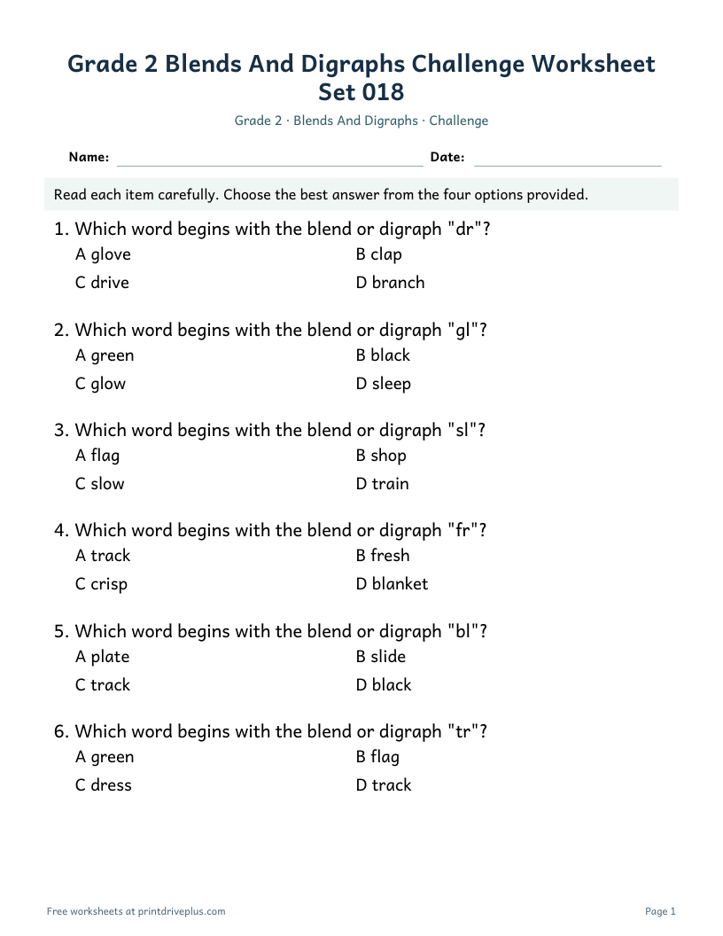 Preview of Grade 2 Blends And Digraphs Challenge Worksheet Set 018