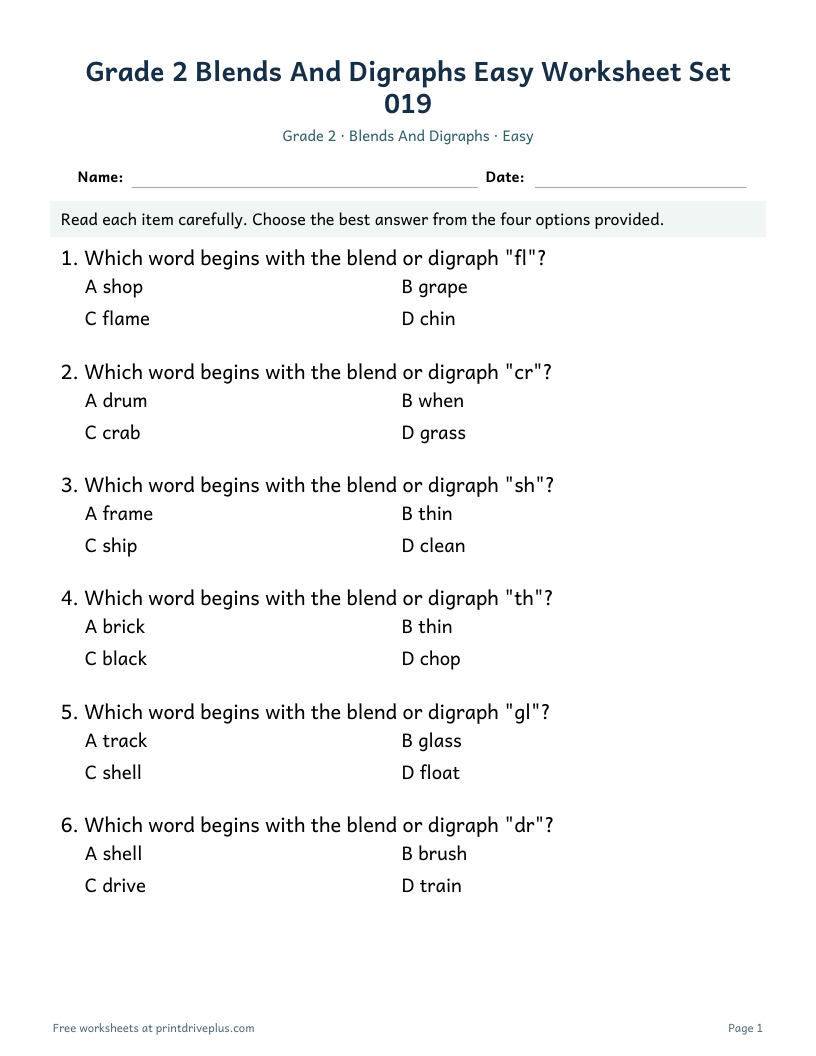Preview of Grade 2 Blends And Digraphs Easy Worksheet Set 019