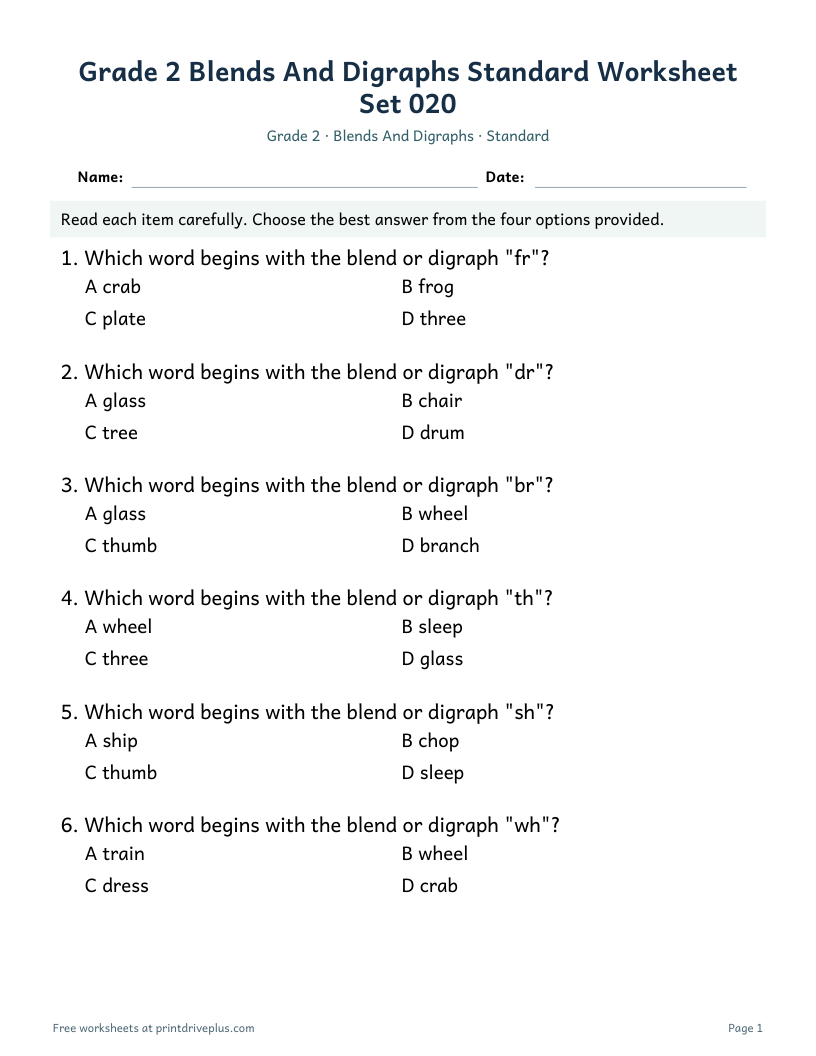 Preview of Grade 2 Blends And Digraphs Standard Worksheet Set 020