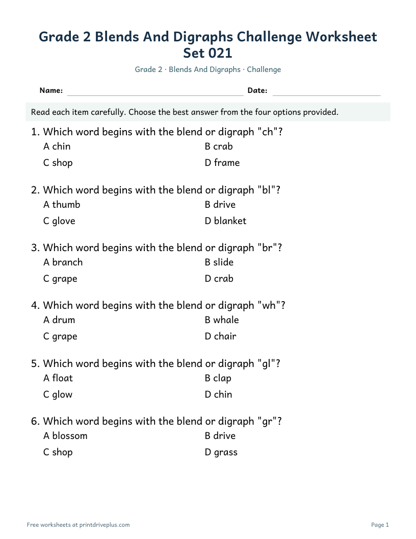 Preview of Grade 2 Blends And Digraphs Challenge Worksheet Set 021
