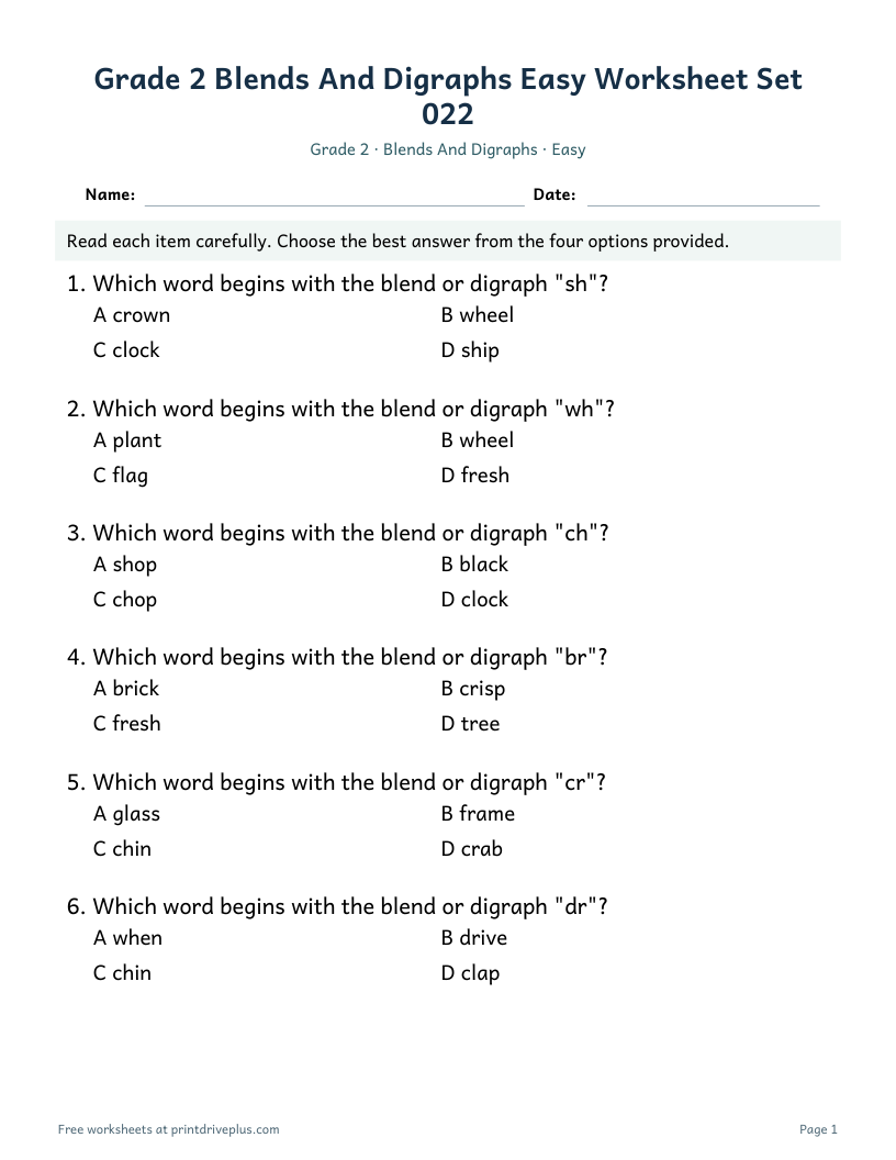 Preview of Grade 2 Blends And Digraphs Easy Worksheet Set 022