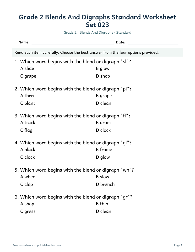 Preview of Grade 2 Blends And Digraphs Standard Worksheet Set 023