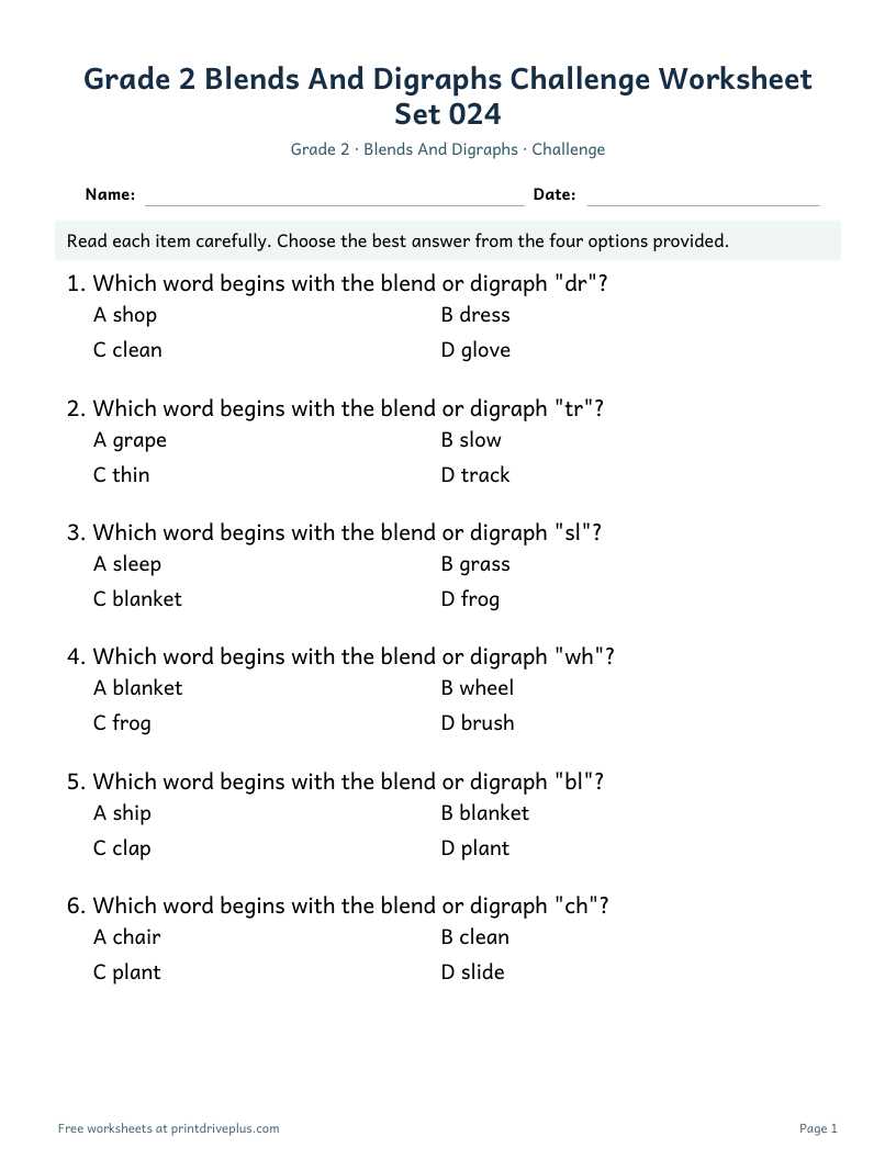 Preview of Grade 2 Blends And Digraphs Challenge Worksheet Set 024