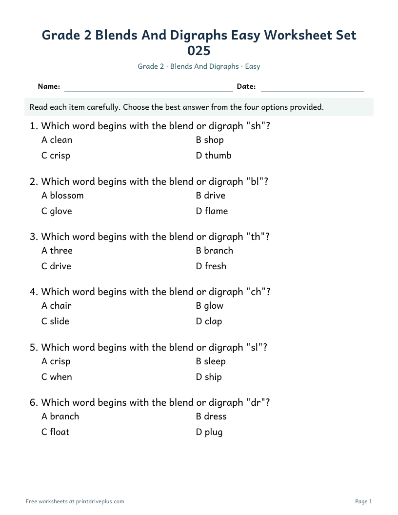 Preview of Grade 2 Blends And Digraphs Easy Worksheet Set 025