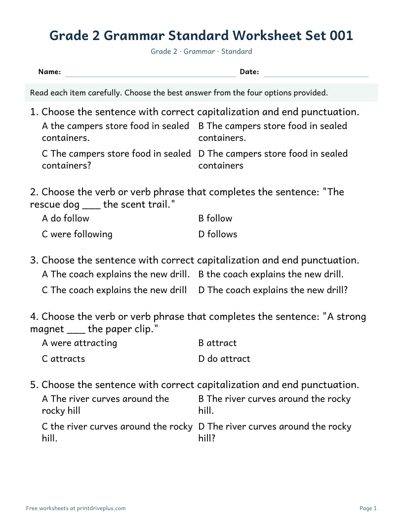 Preview of Grade 2 Grammar Standard Worksheet Set 001