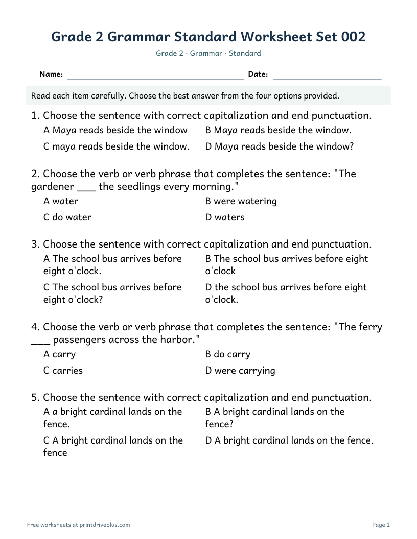 Preview of Grade 2 Grammar Standard Worksheet Set 002