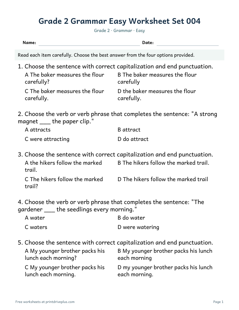Preview of Grade 2 Grammar Easy Worksheet Set 004